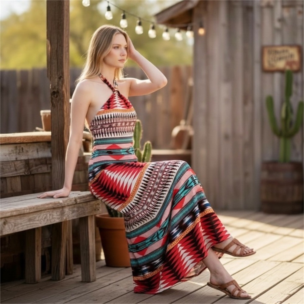 Kimcine Curve Womens XL Geometric Tribal Halter Maxi‎ Dress NWT Y2K Vtg Western